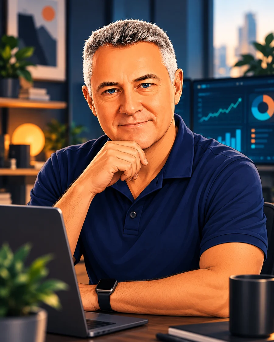 An illustrated portrait of Reg Hann at his desk.